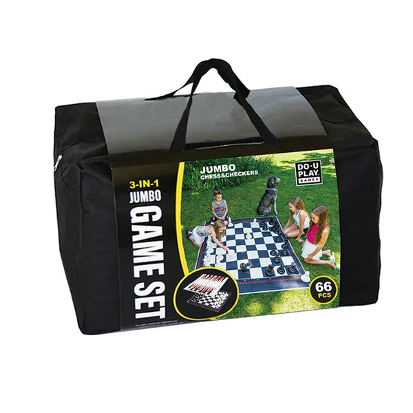 3-IN-1 JUMBO GAME SET. CHECKERS, CHESS, BACKGAMMONS